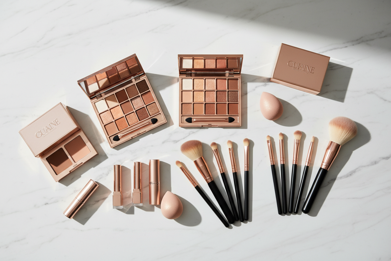 Makeup products flat lay